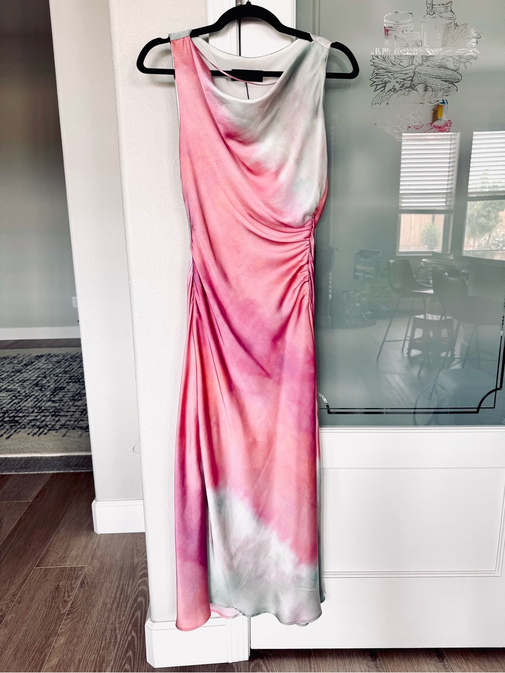 Zara Tie Dye Print Satin Midi Dress Pink Sage Cowl Neck Ruched Slit NWT Small - Picture 4 of 6